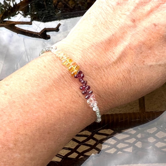 Natural Green , Plum and Yellow Sapphire Bracelet Handmade Solid 14K Yellow Gold - Picture 5 of 11